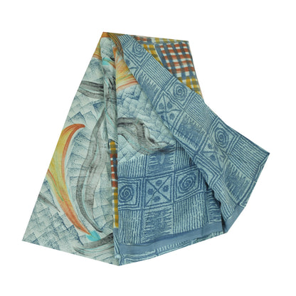 Sanskriti Vintage Sarees Blue Pure Crepe Silk Printed Sari 5+yd Craft Sustainable Fabric
