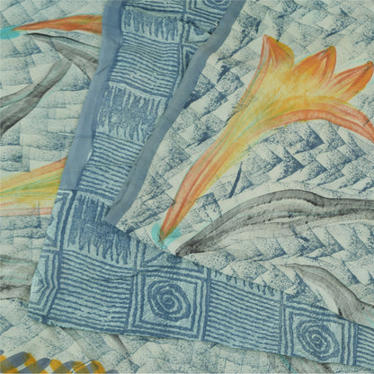 Sanskriti Vintage Sarees Blue Pure Crepe Silk Printed Sari 5+yd Craft Sustainable Fabric