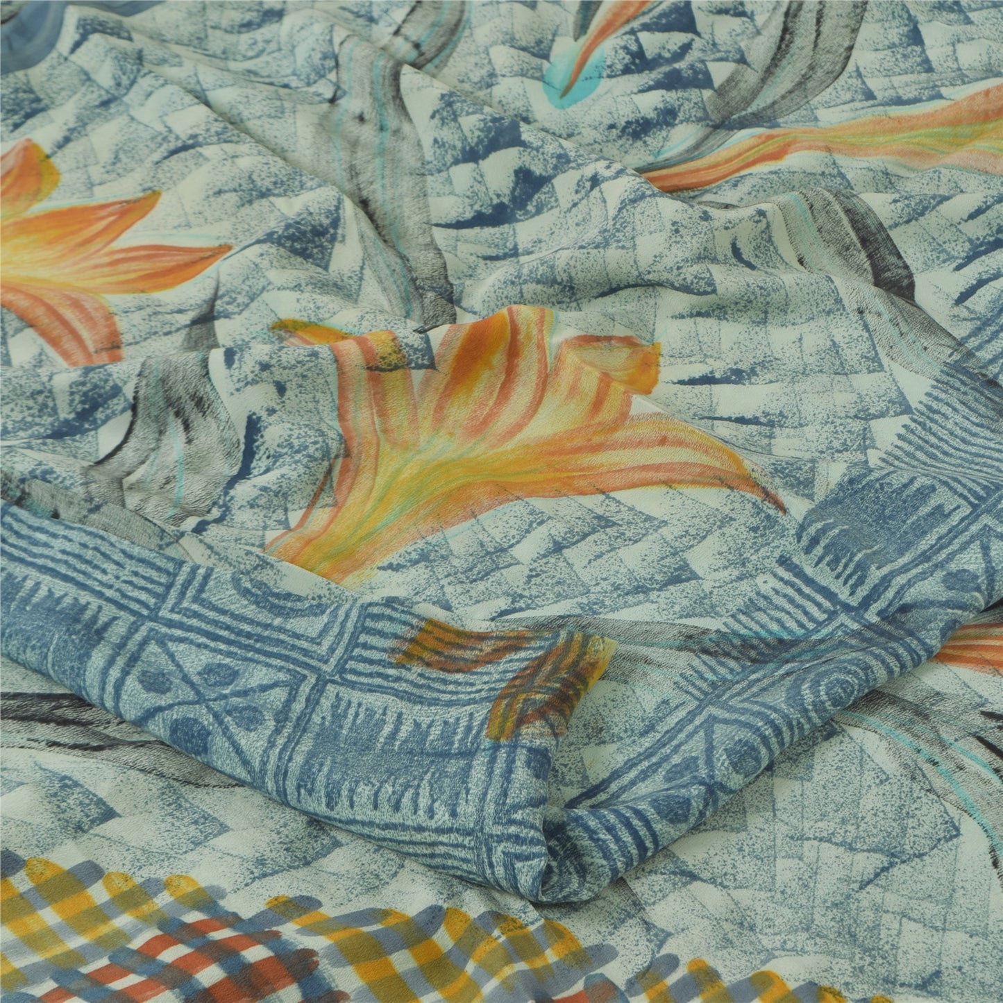 Sanskriti Vintage Sarees Blue Pure Crepe Silk Printed Sari 5+yd Craft Sustainable Fabric