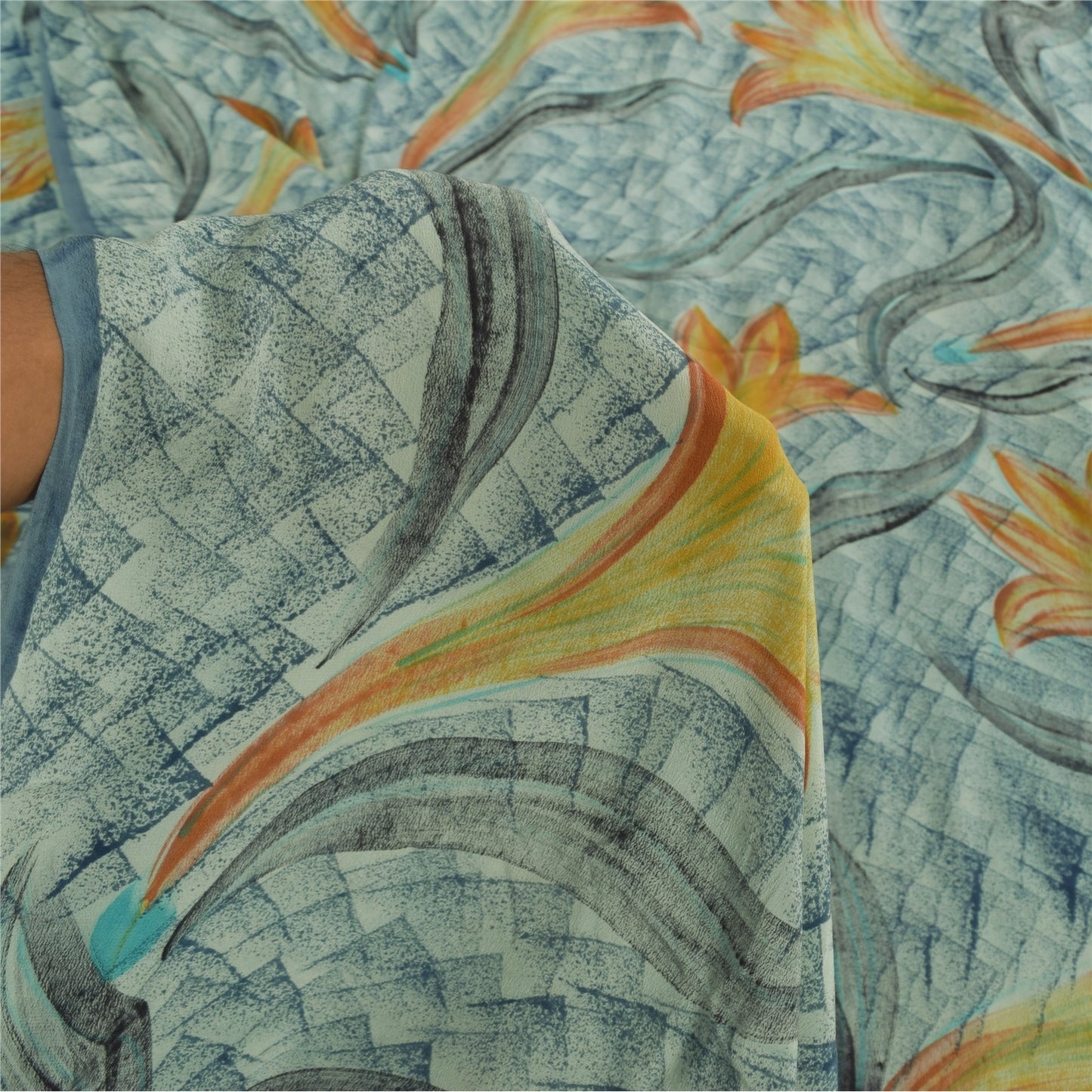 Sanskriti Vintage Sarees Blue Pure Crepe Silk Printed Sari 5+yd Craft Sustainable Fabric