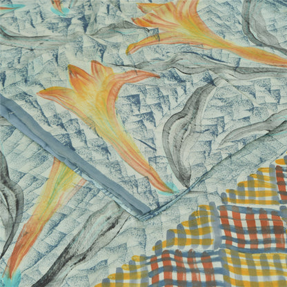 Sanskriti Vintage Sarees Blue Pure Crepe Silk Printed Sari 5+yd Craft Sustainable Fabric