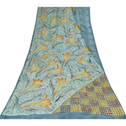 Sanskriti Vintage Sarees Blue Pure Crepe Silk Printed Sari 5+yd Craft Sustainable Fabric