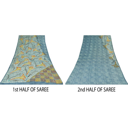 Sanskriti Vintage Sarees Blue Pure Crepe Silk Printed Sari 5+yd Craft Sustainable Fabric