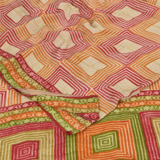 Sanskriti Vintage Sarees Multicolor Pure Crepe Silk Print Sari 5+yd Craft Sustainable Fabric