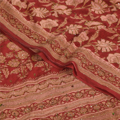 Sanskriti Vintage Sarees Rød/Pink Ren Crepe Trykt Broderet Sari Bæredygtigt Stof