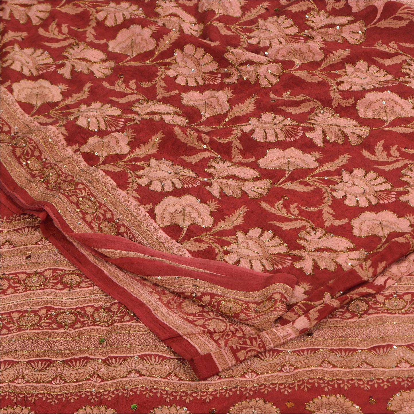 Sanskriti Vintage Sarees Rød/Pink Ren Crepe Trykt Broderet Sari Bæredygtigt Stof