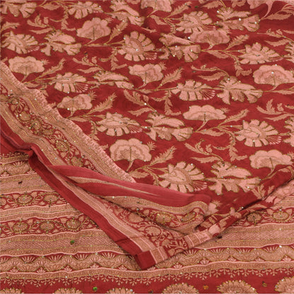 Sanskriti Vintage Sarees Rød/Pink Ren Crepe Trykt Broderet Sari Bæredygtigt Stof