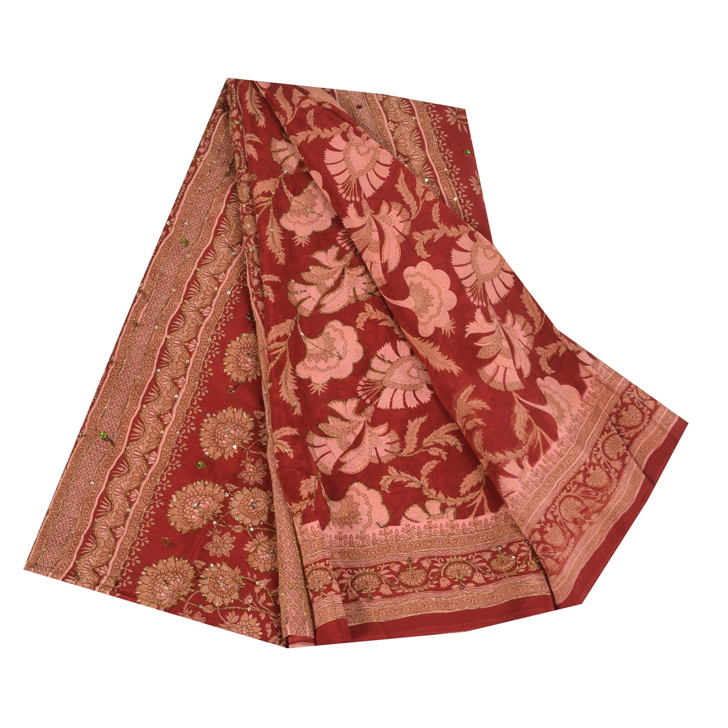 Sanskriti Vintage Sarees Rød/Pink Ren Crepe Trykt Broderet Sari Bæredygtigt Stof