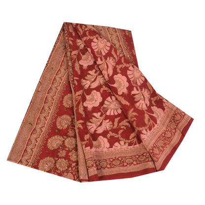 Sanskriti Vintage Sarees Rød/Pink Ren Crepe Trykt Broderet Sari Bæredygtigt Stof