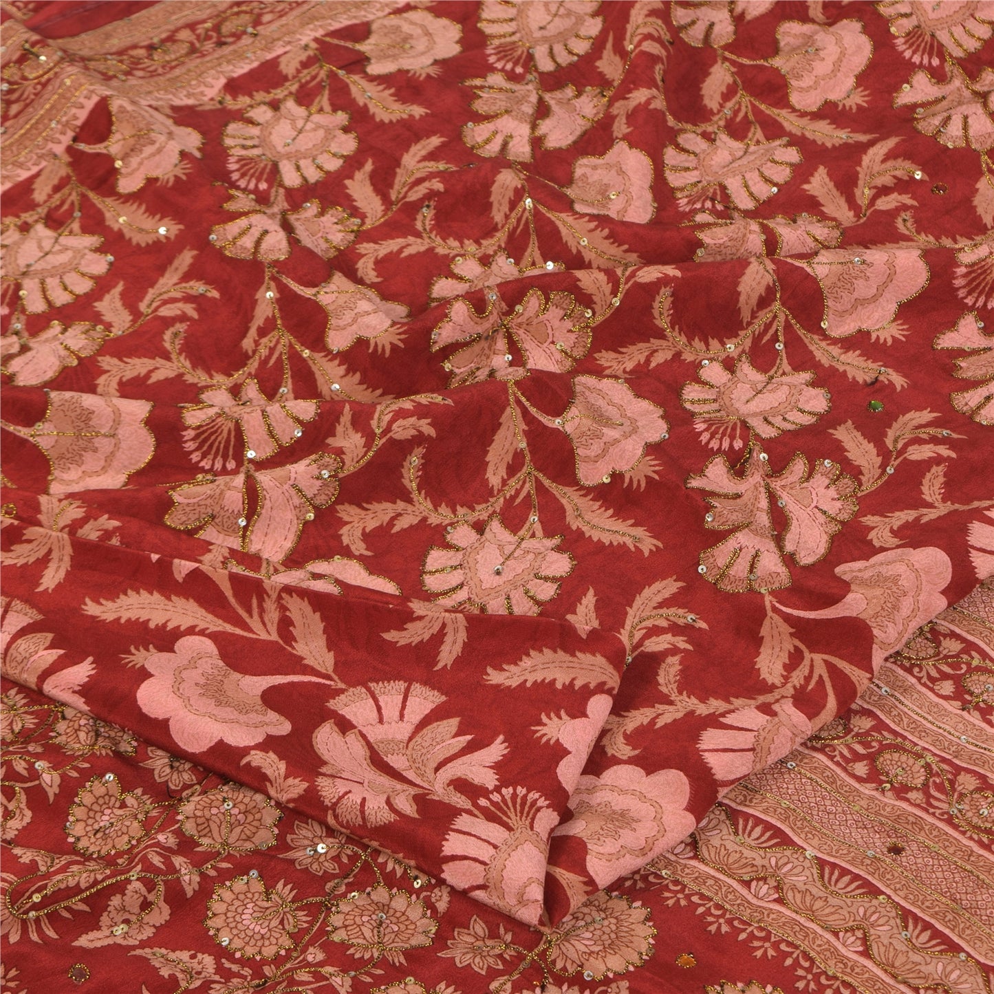 Sanskriti Vintage Sarees Rød/Pink Ren Crepe Trykt Broderet Sari Bæredygtigt Stof