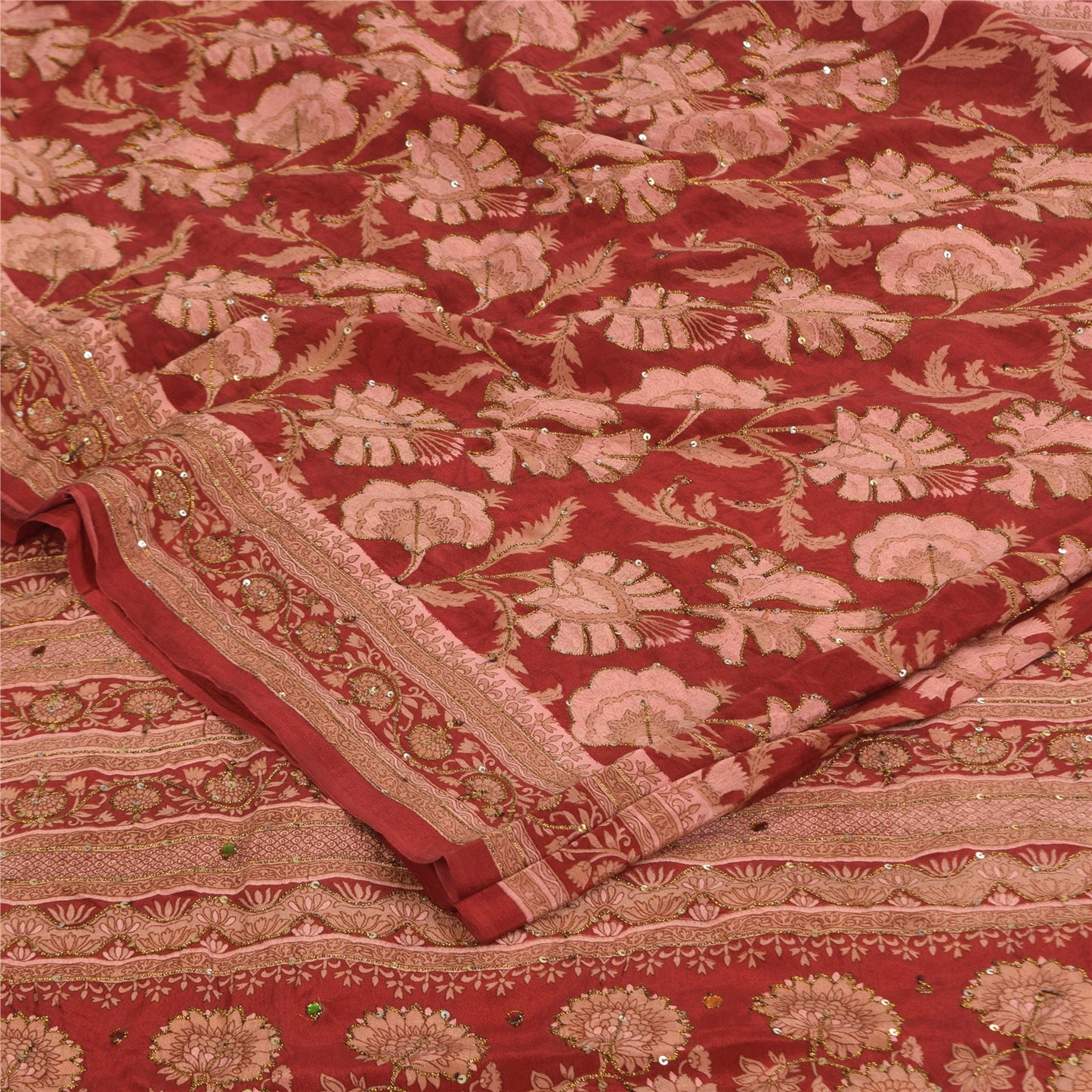 Sanskriti Vintage Sarees Rød/Pink Ren Crepe Trykt Broderet Sari Bæredygtigt Stof