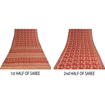 Sanskriti Vintage Sarees Rød/Pink Ren Crepe Trykt Broderet Sari Bæredygtigt Stof