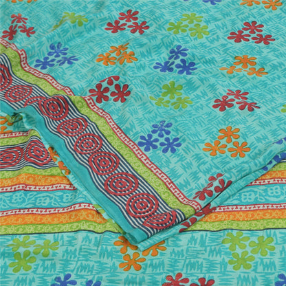 Sanskriti Vintage Sarees Blue Pure Crepe Silk Printed Sari 6+yd Craft Sustainable Fabric