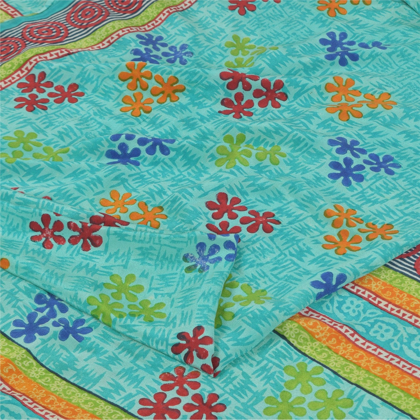 Sanskriti Vintage Sarees Blue Pure Crepe Silk Printed Sari 6+yd Craft Sustainable Fabric