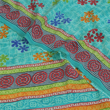 Sanskriti Vintage Sarees Blue Pure Crepe Silk Printed Sari 6+yd Craft Sustainable Fabric