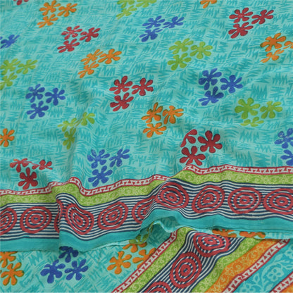 Sanskriti Vintage Sarees Blue Pure Crepe Silk Printed Sari 6+yd Craft Sustainable Fabric