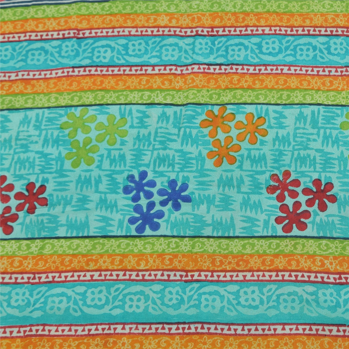 Sanskriti Vintage Sarees Blue Pure Crepe Silk Printed Sari 6+yd Craft Sustainable Fabric