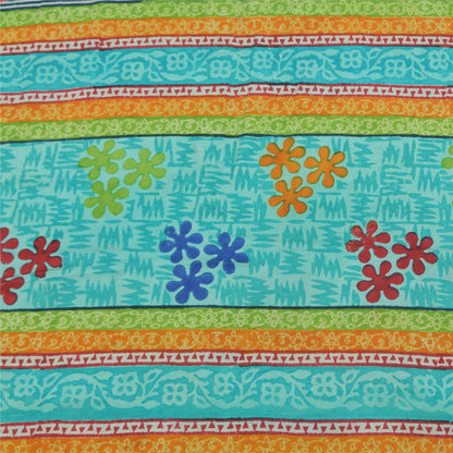 Sanskriti Vintage Sarees Blue Pure Crepe Silk Printed Sari 6+yd Craft Sustainable Fabric