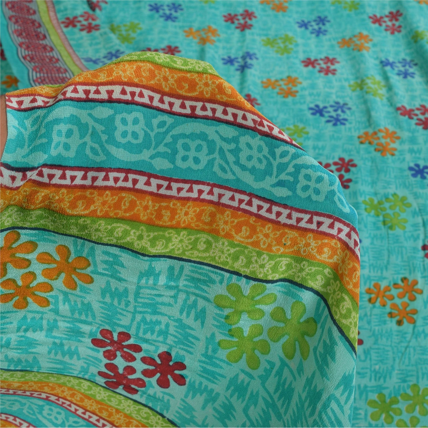 Sanskriti Vintage Sarees Blue Pure Crepe Silk Printed Sari 6+yd Craft Sustainable Fabric