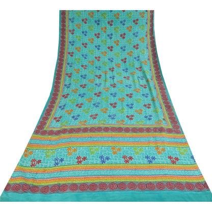 Sanskriti Vintage Sarees Blue Pure Crepe Silk Printed Sari 6+yd Craft Sustainable Fabric