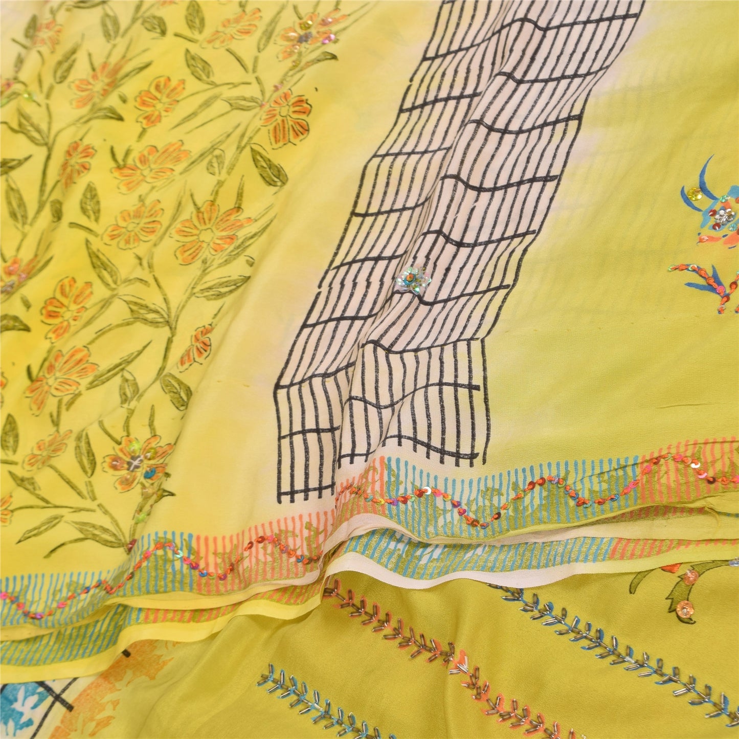 Sanskriti Vintage Sarier Gul Ren Crepe Silke Trykt Sari 5+ yard Håndværk Bæredygtigt Stoff