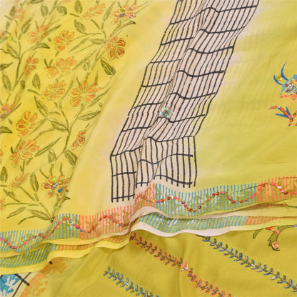Sanskriti Vintage Sarier Gul Ren Crepe Silke Trykt Sari 5+ yard Håndværk Bæredygtigt Stoff