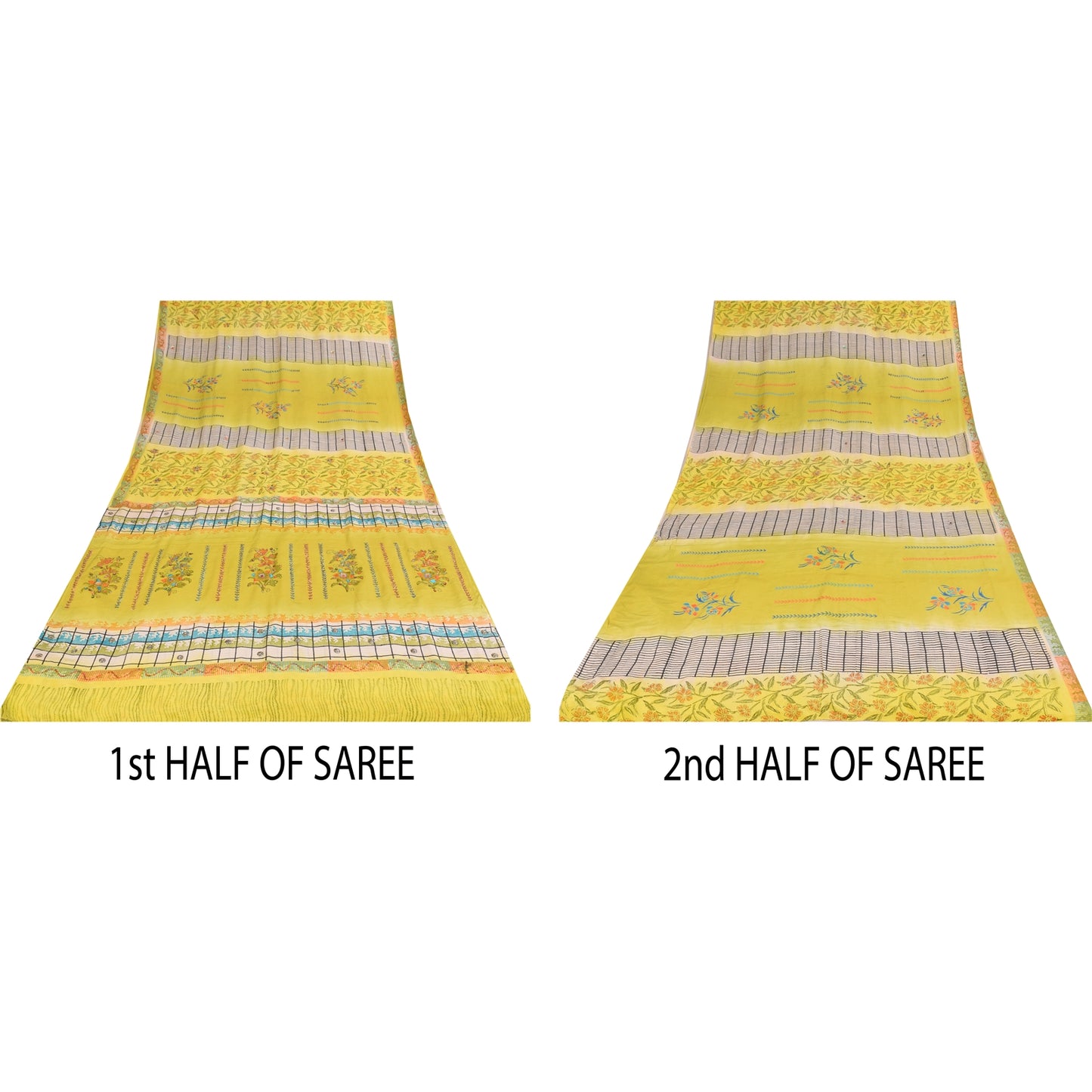 Sanskriti Vintage Sarier Gul Ren Crepe Silke Trykt Sari 5+ yard Håndværk Bæredygtigt Stoff