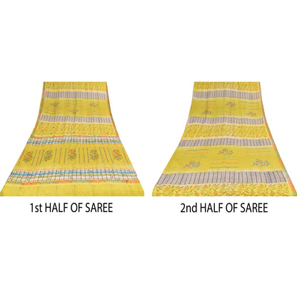 Sanskriti Vintage Sarier Gul Ren Crepe Silke Trykt Sari 5+ yard Håndværk Bæredygtigt Stoff