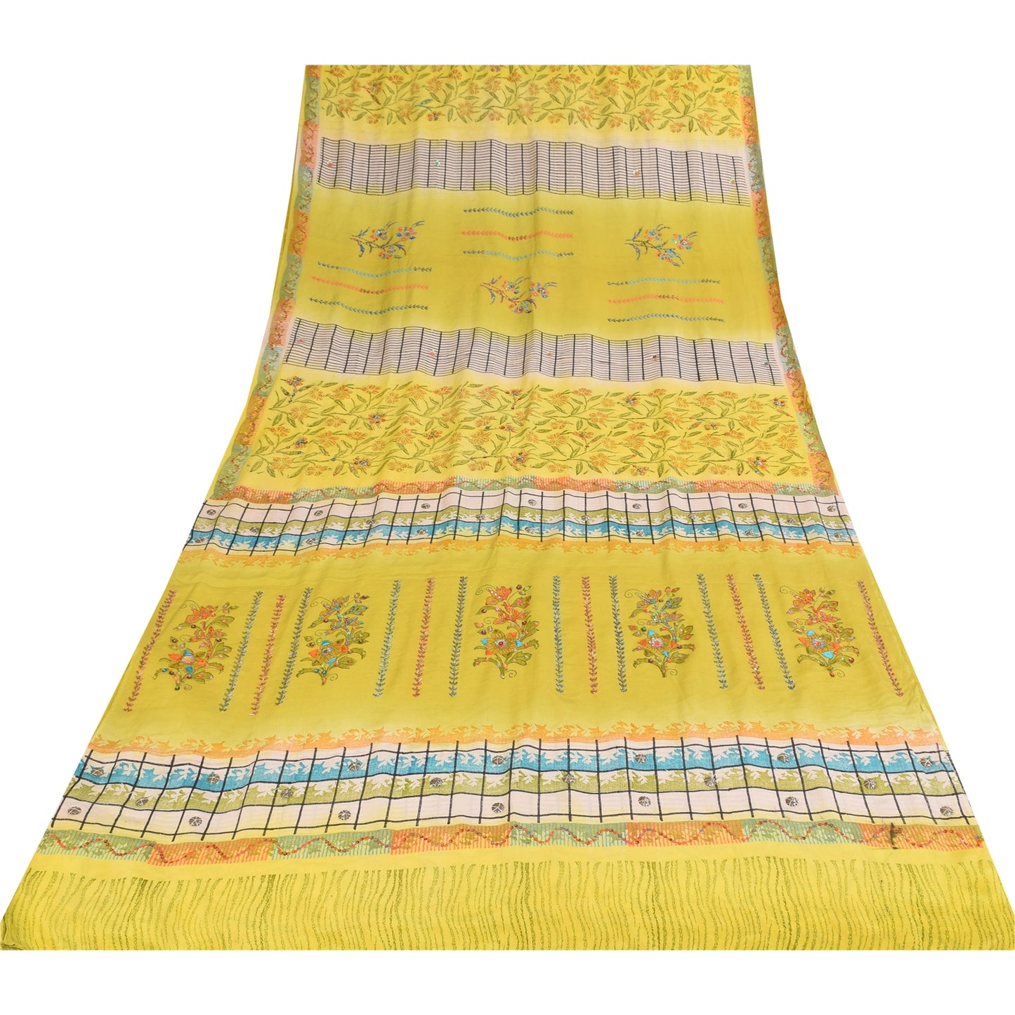 Sanskriti Vintage Sarier Gul Ren Crepe Silke Trykt Sari 5+ yard Håndværk Bæredygtigt Stoff
