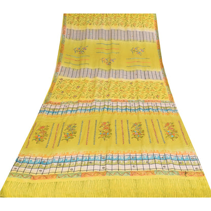 Sanskriti Vintage Sarier Gul Ren Crepe Silke Trykt Sari 5+ yard Håndværk Bæredygtigt Stoff