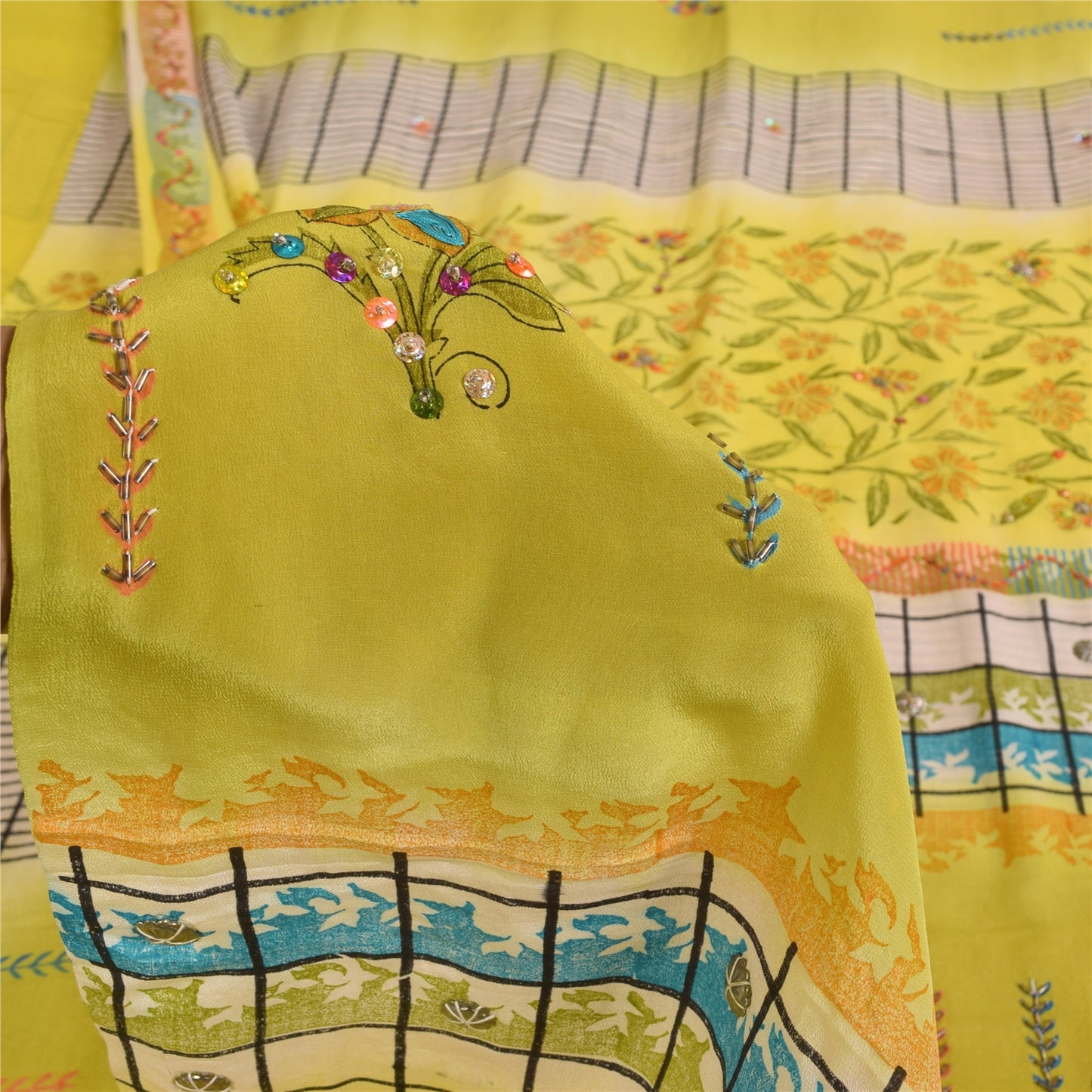 Sanskriti Vintage Sarier Gul Ren Crepe Silke Trykt Sari 5+ yard Håndværk Bæredygtigt Stoff