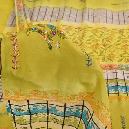 Sanskriti Vintage Sarier Gul Ren Crepe Silke Trykt Sari 5+ yard Håndværk Bæredygtigt Stoff