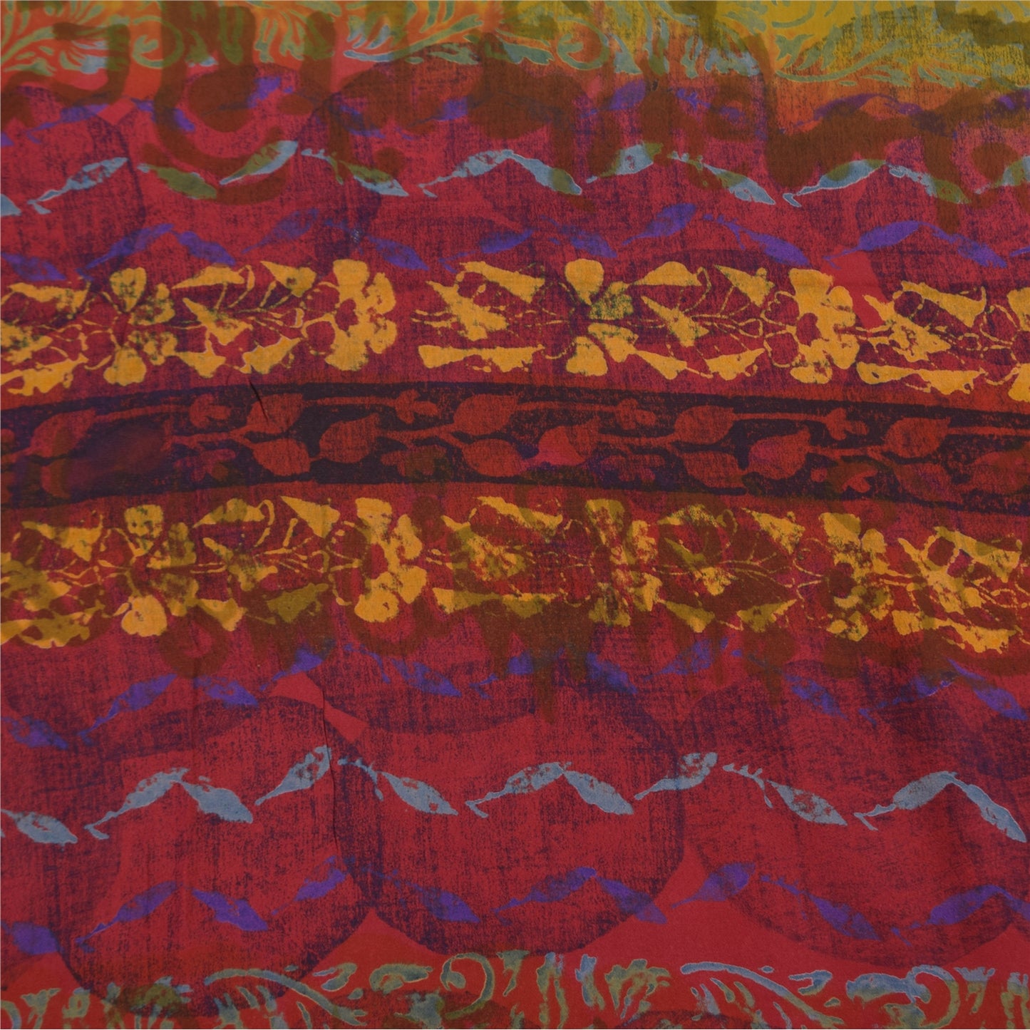 Sanskriti Vintage Saree Green-Pink Pure Crepe Floral Printed Sari 5.5+Yd Fabric