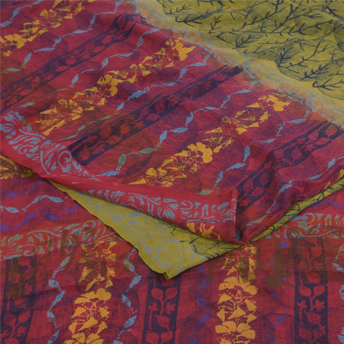 Sanskriti Vintage Saree Green-Pink Pure Crepe Floral Printed Sari 5.5+Yd Fabric