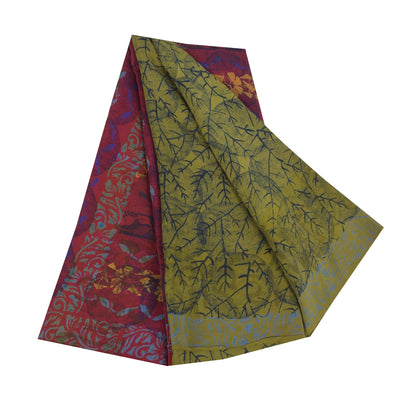 Sanskriti Vintage Saree Green-Pink Pure Crepe Floral Printed Sari 5.5+Yd Fabric