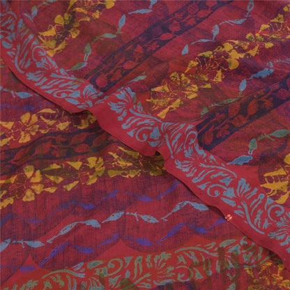 Sanskriti Vintage Saree Green-Pink Pure Crepe Floral Printed Sari 5.5+Yd Fabric