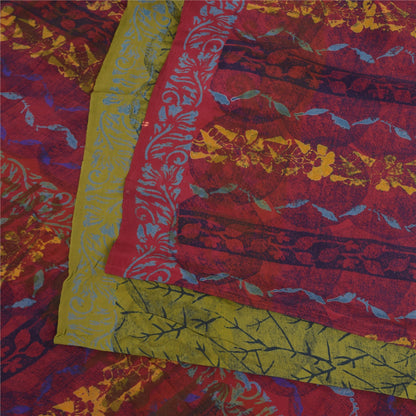 Sanskriti Vintage Saree Green-Pink Pure Crepe Floral Printed Sari 5.5+Yd Fabric