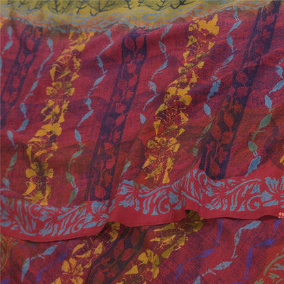 Sanskriti Vintage Saree Green-Pink Pure Crepe Floral Printed Sari 5.5+Yd Fabric