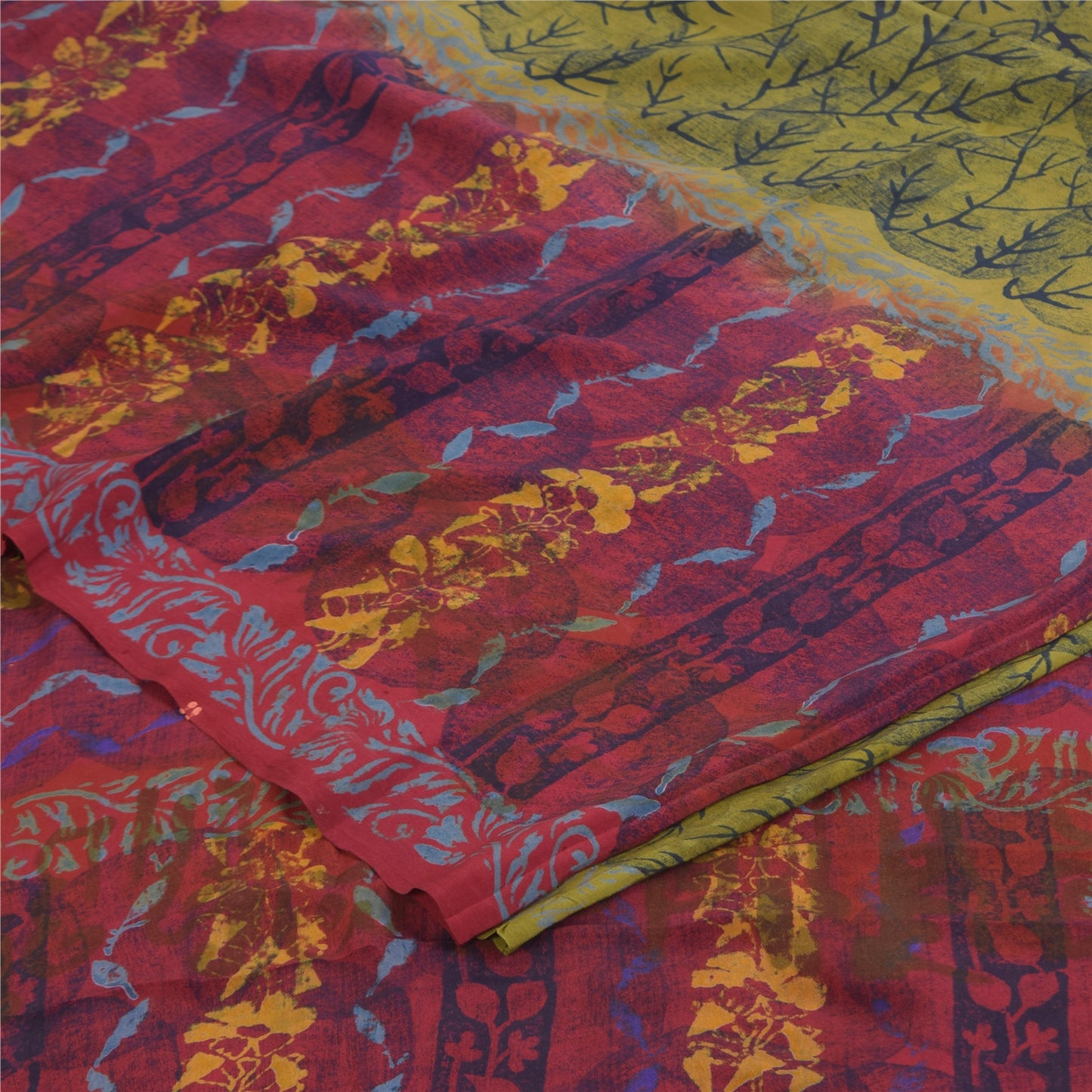 Sanskriti Vintage Saree Green-Pink Pure Crepe Floral Printed Sari 5.5+Yd Fabric