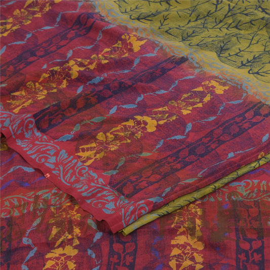 Sanskriti Vintage Saree Green-Pink Pure Crepe Floral Printed Sari 5.5+Yd Fabric