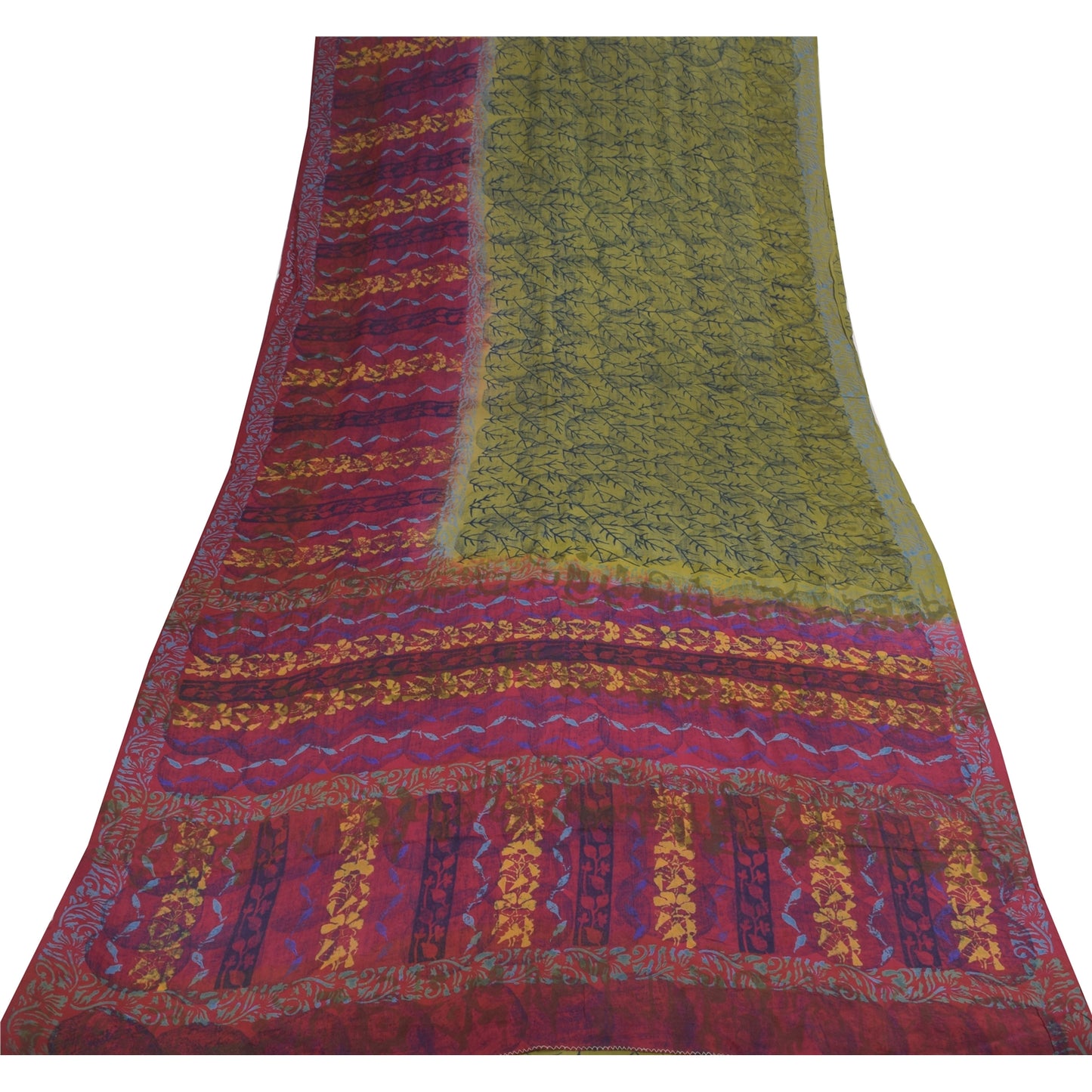 Sanskriti Vintage Saree Green-Pink Pure Crepe Floral Printed Sari 5.5+Yd Fabric