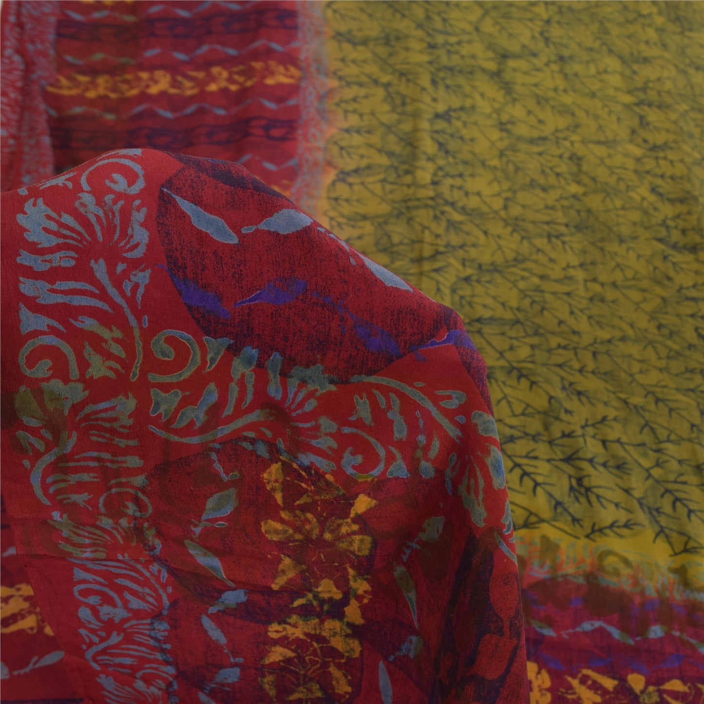 Sanskriti Vintage Saree Green-Pink Pure Crepe Floral Printed Sari 5.5+Yd Fabric