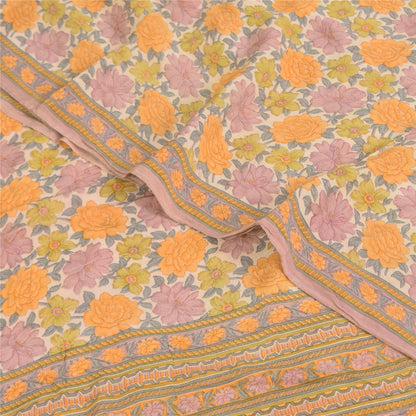 Sanskriti Vintage Sarees Multi Pure Crepe Silk Printed Sari 5+yd Craft Sustainable Fabric