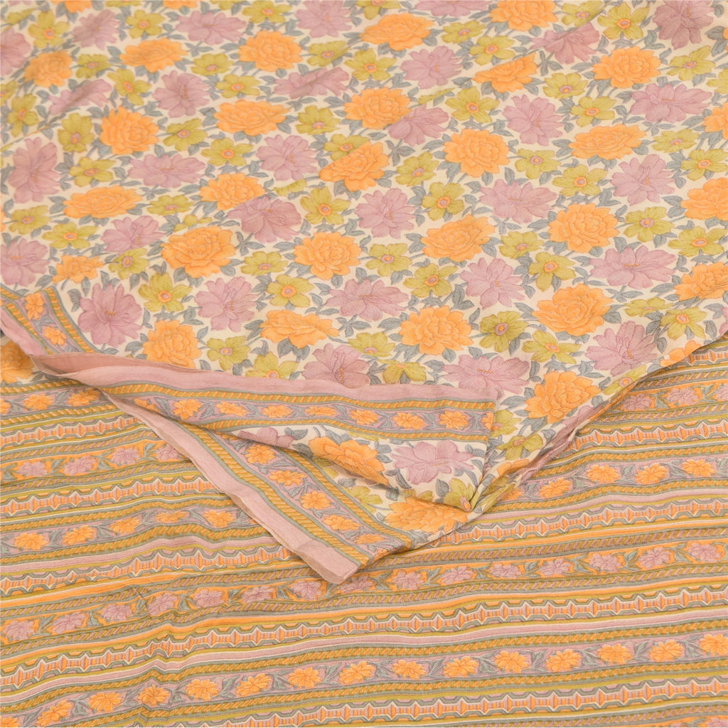 Sanskriti Vintage Sarees Multi Pure Crepe Silk Printed Sari 5+yd Craft Sustainable Fabric