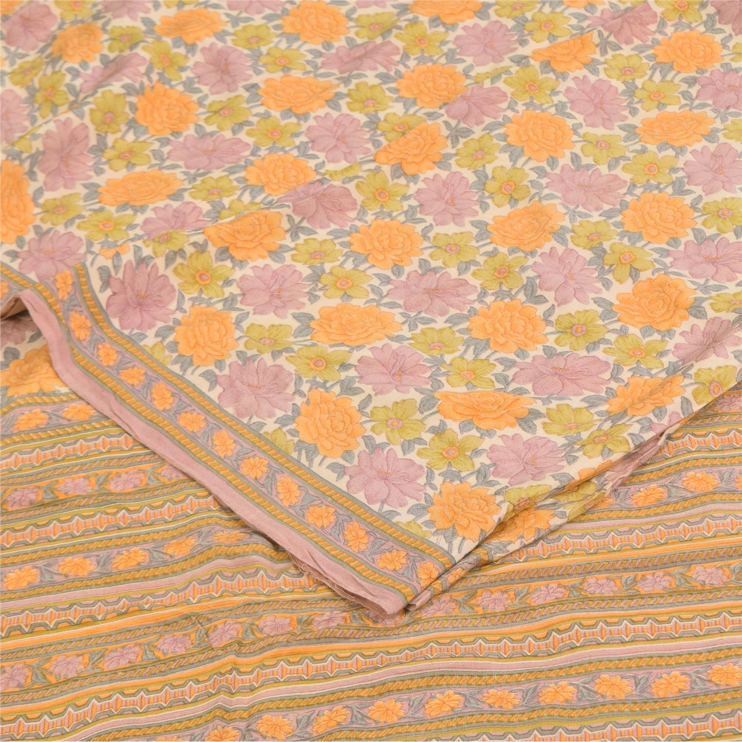 Sanskriti Vintage Sarees Multi Pure Crepe Silk Printed Sari 5+yd Craft Sustainable Fabric