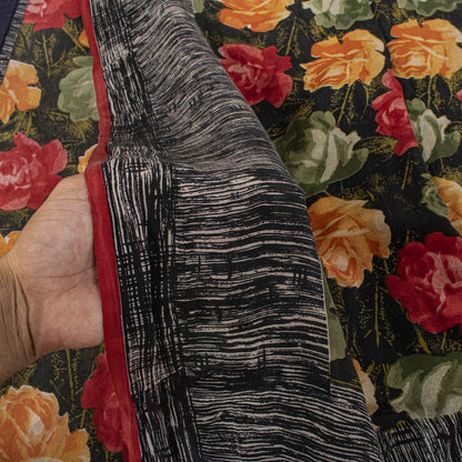 Sanskriti Vintage Saree Black Pure Crepe Silk Digital Print Sari 5.5Yard Fabric