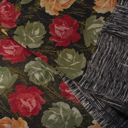 Sanskriti Vintage Saree Black Pure Crepe Silk Digital Print Sari 5.5Yard Fabric
