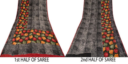 Sanskriti Vintage Saree Black Pure Crepe Silk Digital Print Sari 5.5Yard Fabric