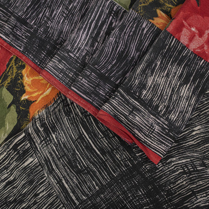 Sanskriti Vintage Saree Black Pure Crepe Silk Digital Print Sari 5.5Yard Fabric