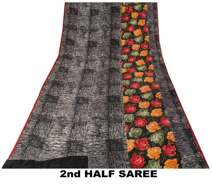 Sanskriti Vintage Saree Black Pure Crepe Silk Digital Print Sari 5.5Yard Fabric